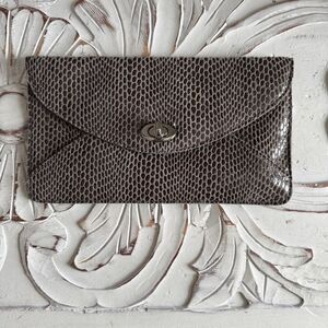 Sorial Rubina Coco snakeskin embossed leather slim clutch in a gray tan color